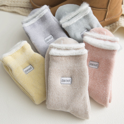 Warm Embroidered Wool Socks Fleece-Lined Thick Solid Color Brushed Socks Winter Thick Women's Socks