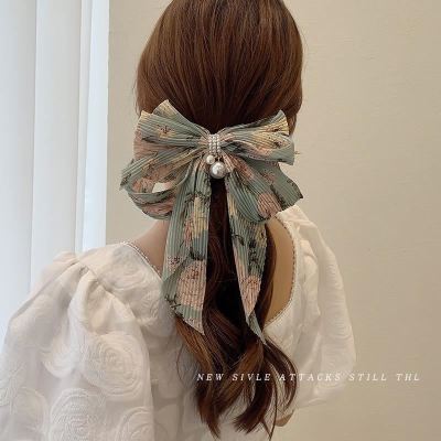 Summer Big Bow Pearl Floral Barrettes Back Head Korean Internet Influencer Hairpin Top Clip Headdress Spring Clip