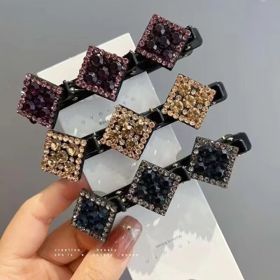 Square Rhinestone Braided Hair Barrettes Female Online Influencer Hairpin Side Cropped Hair Clip Barrettes Artifact Clip Hairware Forehead Bangs Clip