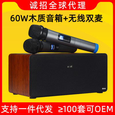 TV Karaoke Family KTV Bluetooth Audio Wireless Microphone Projector High Power Wooden Speaker with Dual Microphone