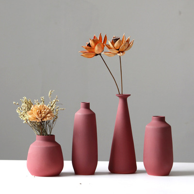 Jingdezhen Ceramic Vase Morandi Wine Red Nordic Ornaments Dried Flower and Flowerpot Living Room TV Cabinet Decorations