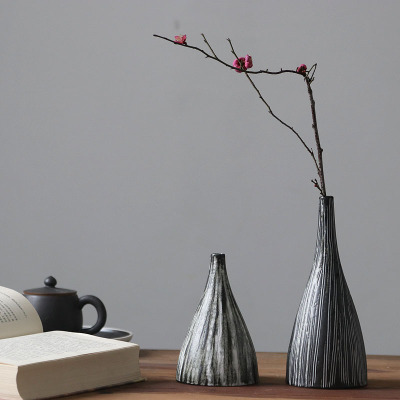 Ceramic Small Vase New Chinese Zen Vertical Stripes Handmade Vase Creative Living Room Hotel Decorative Crafts Ornaments