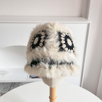 Rabbit Fur Knitted Plush Bonnet Women's Autumn and Winter Furry Tiger Head Xingshi Bucket Hat Cute Face-Looking Small Wool Hat