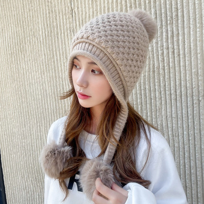 Autumn and Winter Korean Style Cute Hanging Ball Hat Female Fleece Lined Padded Warm Keeping Knitted Hat Sweet Outdoor Cold-Proof Woolen Cap