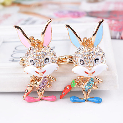 Year of Birth Chinese Zodiac Sign of Rabbit Cartoon Cute with Diamonds Dripping Oil Radish Rabbit Keychain Animal Metal Ornament Key Chain