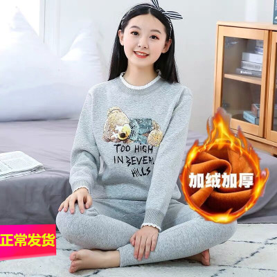 Thermal Underwear Women's Cotton Suit Thickened Fleece-Lined Cartoon Cute Can Be Worn outside in Autumn and Winter Underwear Women's Thermal Underwear Long Johns Set