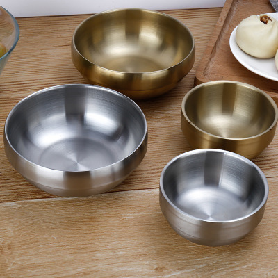 Hz268 Thickened 304 Stainless Steel Korean Style Bowl Gold-Plated Heat Insulation Anti-Scald Children's Drop-Resistant Bowl Rice Bowl Household Soup Bowl