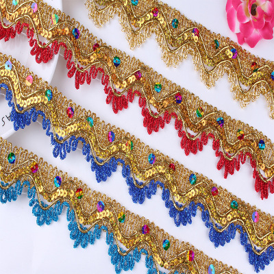 New Products in Stock Supply Golden Lace Three Flowers Sequin Lace Dance Costume Accessories Ethnic Style Colorful Lace