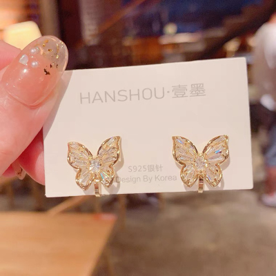 Zircon Butterfly Ear Clip Female without Piercing Fairy Mori Style Super Fairy Stud Earrings Factory Direct Sales Wholesale