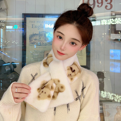 Winter New Printed Bear Rabbit Fur Scarf Women's University Style Cute Student Scarf Cross-Border Hot Sale Supply