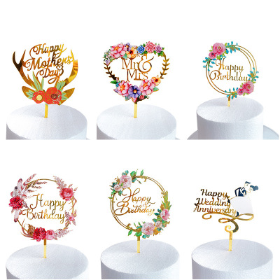 INS Style Cross-Border Color Printing Flowers Acrylic Cake Insertion Factory Direct Supply Birthday Wedding Happy Cake Decoration