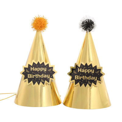 Laser Gold Silk Pompons Birthday Pointed Hat Children Adult Birthday Dress up Supplies New Flash