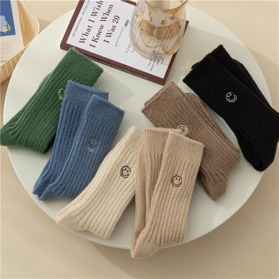 SocksSuper Thick Embroidered Smiley Cashmere Socks Female Winter Thickened Velvet Padded Warm Wool Socks Ins Trendy Japanese Style Mid-Calf Length Socks