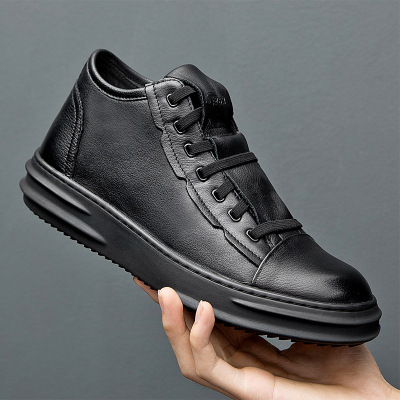 Middle High Top Genuine Leather Men's Shoes Top Layer Cowhide Autumn and Winter New British Fleece-Lined Trendy Big Head Men's Casual Leather Shoes