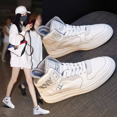 Genuine Leather High Top White Shoes Women's 2022 Spring and Autumn New Versatile Breathable Sports Leisure White High-Top Shoes Summer