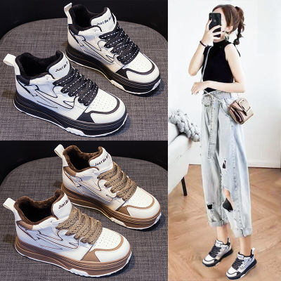 Authentic Leather High-Top Shoes Female Online Influencer New Casual Super Hot All-Matching 2022 Winter Fleece-Lined Popular INS Trendy White Shoes