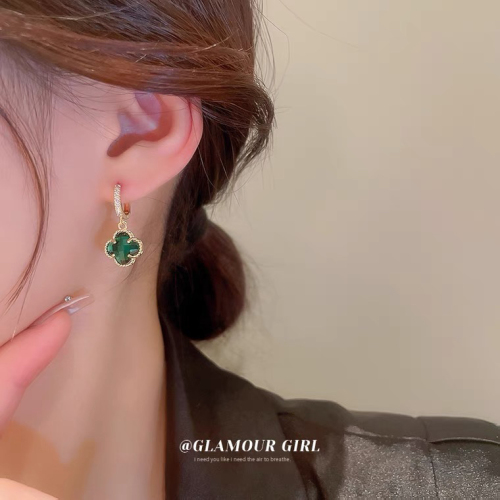 Gold Plated Emerald Zircon Flower Earrings Cold Style Niche Personality Ear Buckle Temperament Fashion Earrings for Women