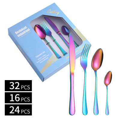 Cross-Border Amazon Hot 1010 Stainless Steel Tableware Set Knife, Fork and Spoon 24-Piece Set Gift Package with Window-Type Holes
