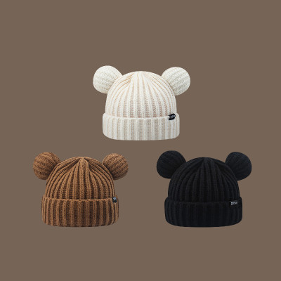 Chengwen Cute Bear Ears Oversized Loose Woolen Cap Children's Winter Thick Warm All-Match Knitted Hat Make Face Look Smaller