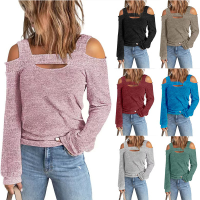 Autumn and Winter Europe and America Cross Border Amazon Wish Women's Fashion Casual Solid Color off-Shoulder Loose Long Sleeve T-shirt Women