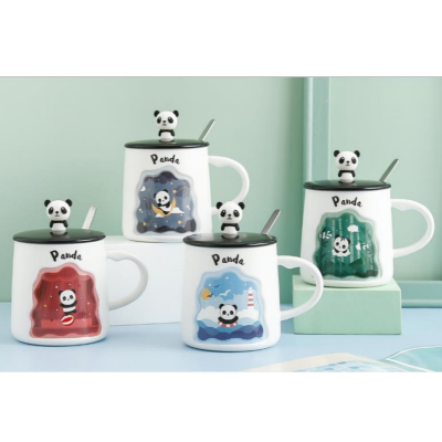 Creative Three-Dimensional Relief Panda Ceramic Mug Super Cute Cartoon Student Gift Cup with Cover Spoon Coffee Cup