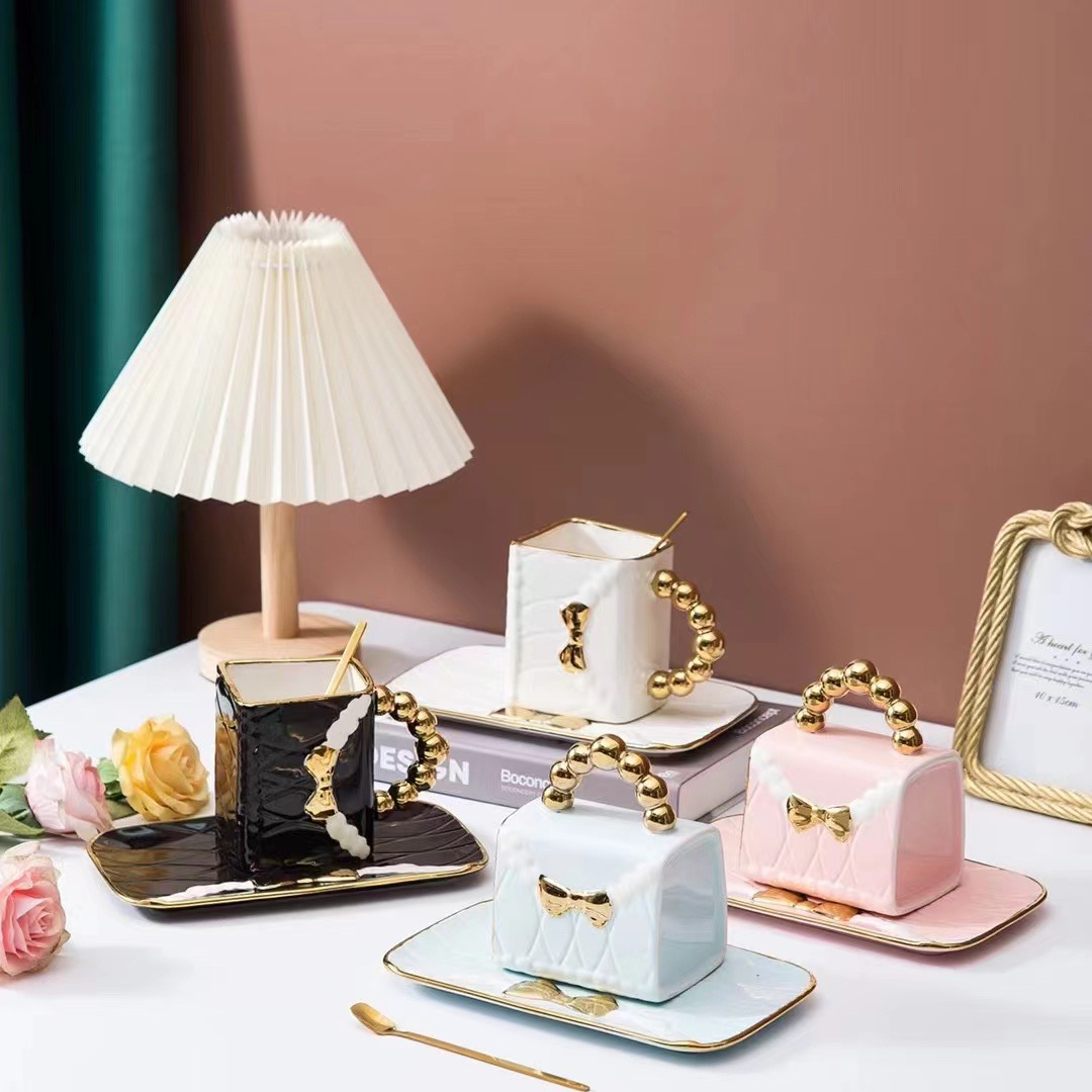 包包咖啡杯水杯造型杯蝴蝶结包包描金杯碟礼品杯外贸爆款..