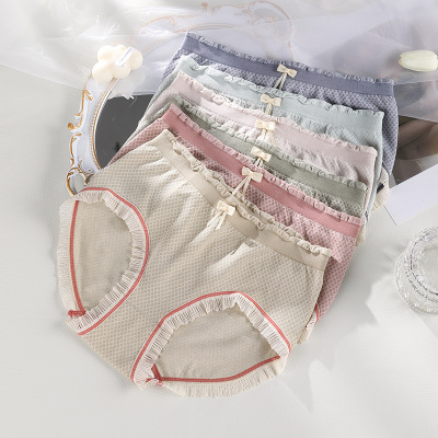 Japanese Style Girly Style High Elastic Mid Waist Traceless Wooden Ear Underwear Fresh Color Mesh Bottom Crotch Student Briefs