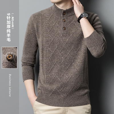 Pure Wool Sweater Men's Half Turtleneck Thickened Jumper Middle-Aged and Elderly Winter Leisure Collar Decorated with Buttons Dad Wear Sweater