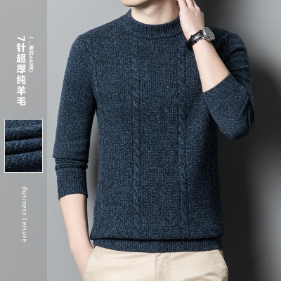 Men's Round Neck Sweater Thickened 100 Pure Wool Pullover Middle-Aged and Elderly Winter Warm Leisure Thick Woolen Sweater