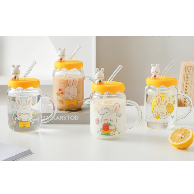 Creative Cartoon Xiaomengtu Glass Borosilicate Scale Glass with Cover Spoon Transparent Household Water Cup with Straw