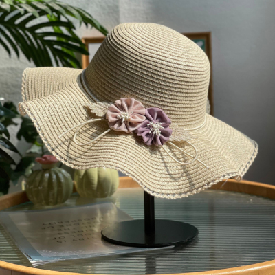 Big Brim Flower Straw Hat Female Sun-Proof Vacation Beach Hat Pastoral Style Fashionable Stringy Selvedge Beige Sun Hat