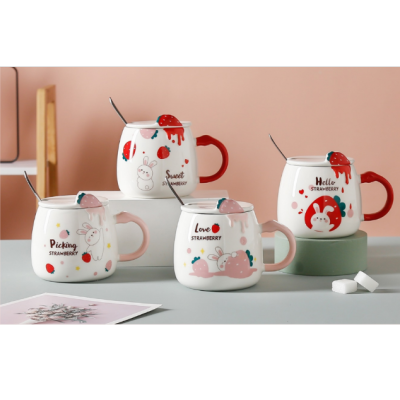 Creative Cartoon Cute Strawberry Bunny Ceramic Cup Office Cup with Lid and Straw Coffee Mark Cup