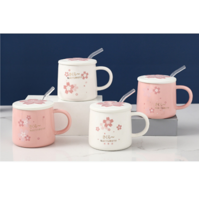 Hand Painted Cherry Blossom with Straw Ceramic Cup Office Coffee Cup Mug Household Water Cup Gift Cup Milk Cup