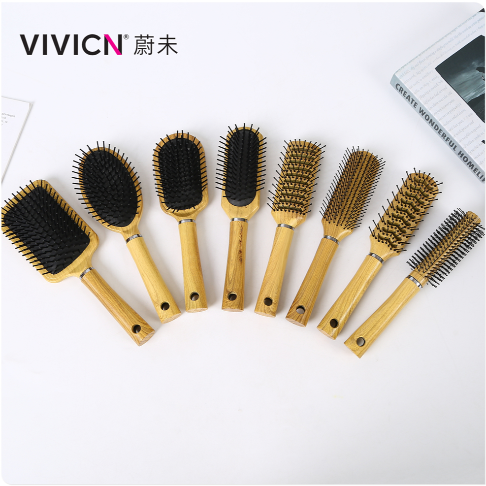 [Weiwei] Imitation Wood Grain Handle Plastic Hairbrush Comb Massage Cushion Comb Large Comb Blowing Fluffy Vent Comb round Brush
