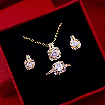 Square Three-Piece Fashion Micro Inlaid Zircon Set Female Stud Earrings Ring Necklace Set Factory Direct Sales Wholesale