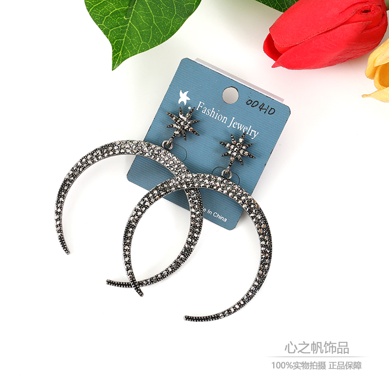 跨境专供 星星月亮水钻时尚奢华夸张欧美个性大耳环耳钉女配饰