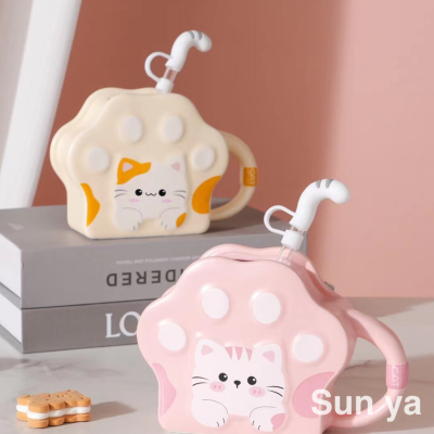 New Cartoon Cat-Paw Mug Cute Ceramic Cup Straw Cup