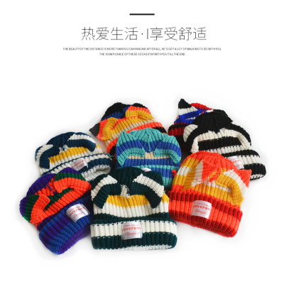 Chengwen New Fashion Trendy Knitted Hat Special Multicolor Striped Cap with Ears Distressed Thread Head Women's Wool Hat
