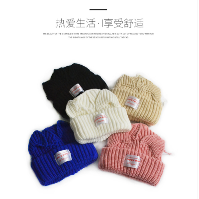 Chengwen New Fashion Trendy Personality Knitted Hat Simple Solid Color Cap with Ears Women's Distressed Wool Hat