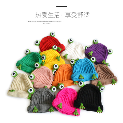 Chengwen New Children's Knitted Hat Boys and Girls Cute Cartoon Frog Hat Three-Dimensional Cap with Eyeshield Wool Hat