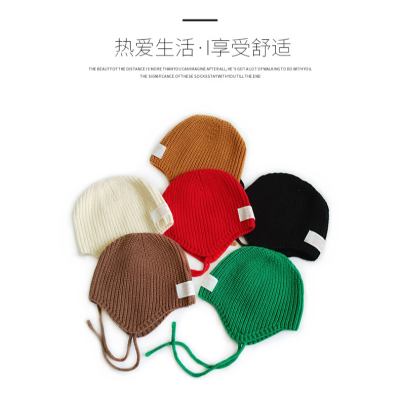Chengwen Children's Hat New Boys and Girls with Rope Earmuffs Hat Fashion Trend Cloth Label Lace-up Knitted Woolen Cap