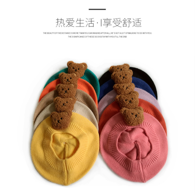 Chengwen Children 'S Hat New Style Beret Fashion Lady Knitted Hat Girls' Cute Three-Dimensional Bear Woolen Cap