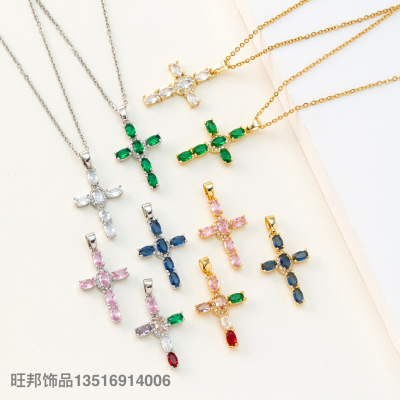 Europe and America Cross Border Popular Color Zircon Cross Pendant Necklace Women's Sweater Chain Niche High Sense Ins Style