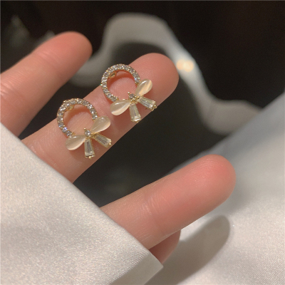 Sterling Silver Needle New Opal Bow Stud Earrings Women's Korean Small and Simple All-Match Outing Graceful Earrings Fashion