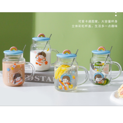 Creative Cartoon Space Little Girl Glass High Borosilicate Scale Glass Small Fresh Style Cup with Spoon Lid