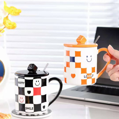 Ceramics mug ceramics cup checkerboard mug smile face cup .
