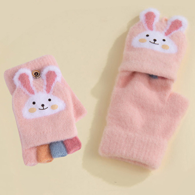 New Winter Warm Children's Cute Bunny Flip Colorful Half Finger Student Cold-Proof Gloves