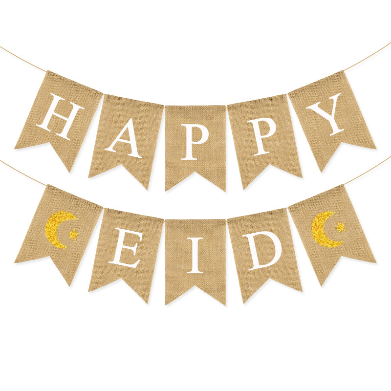 节日用品HAPPY EID麻布燕尾拉旗装饰旗横幅派对装饰鱼尾旗串旗