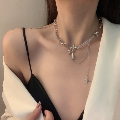 New Water Drop Awn Star Flash Diamond Design Necklace Korean Simple Autumn and Winter Light Luxury Crystal Patchwork Easy Matching Necklace Tide
