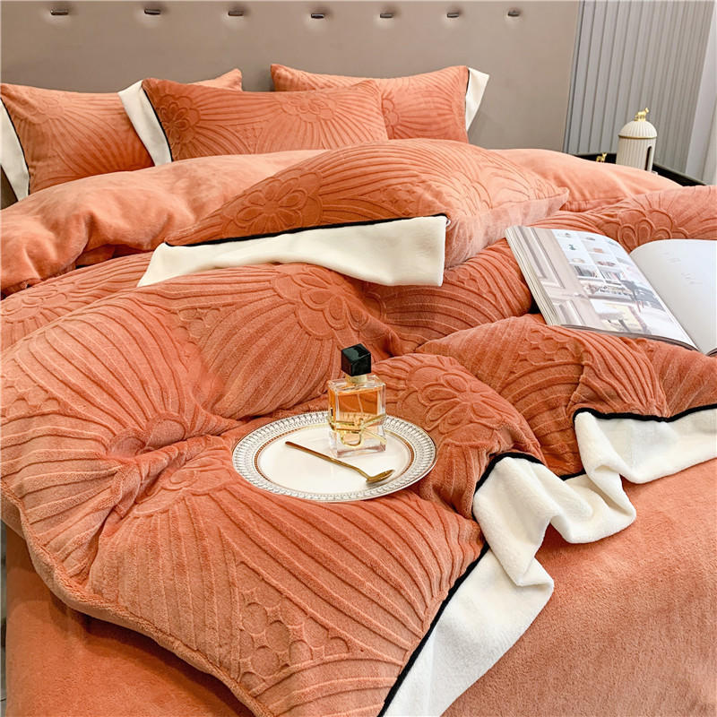 Yiwu Snow Pigeon Bedding Home Textile 2022 New High Weight Three-Dimensional Relief Milk Velvet Four-Piece Set Orange